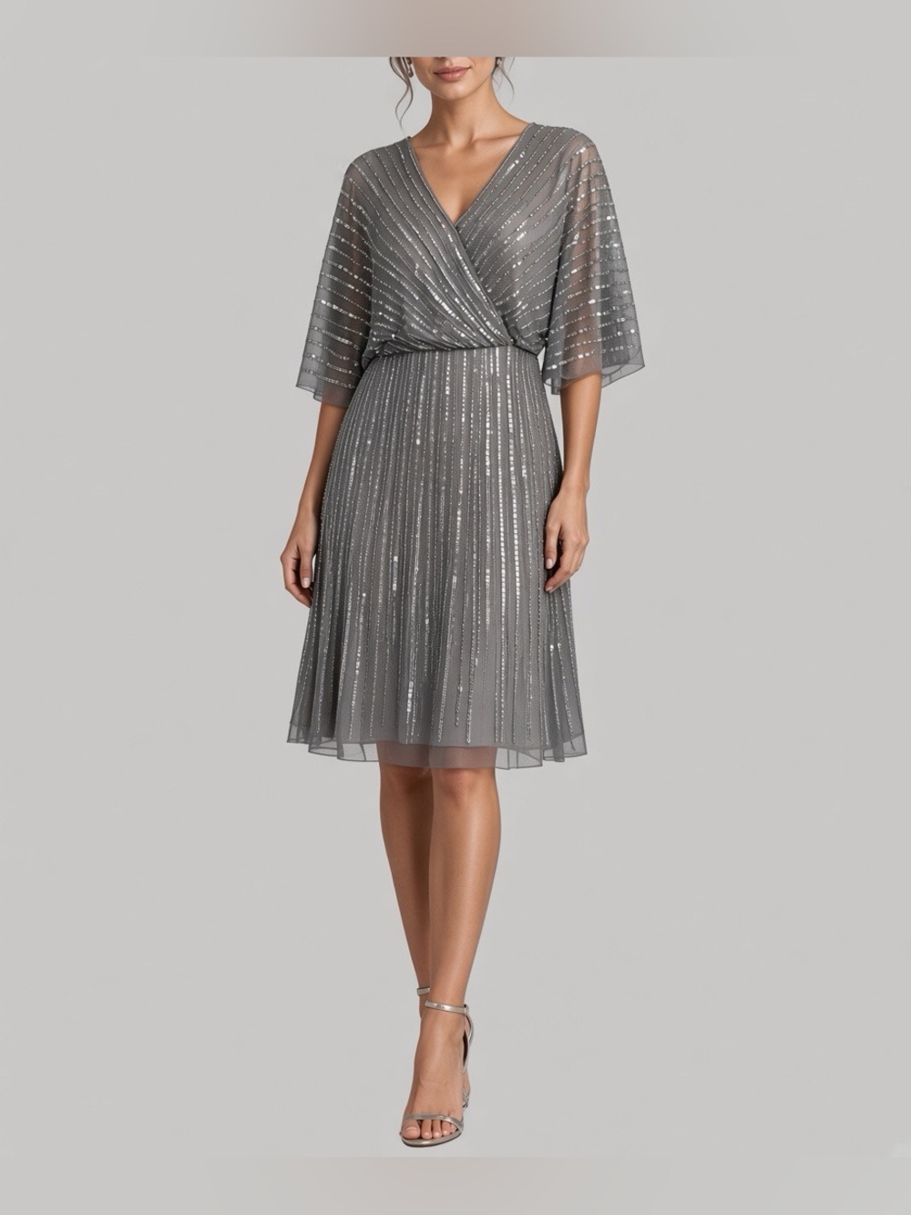 NWT $249 ADRIANNA PAPELL Beaded Flutter Sleeve A Line Dress, Sz 10